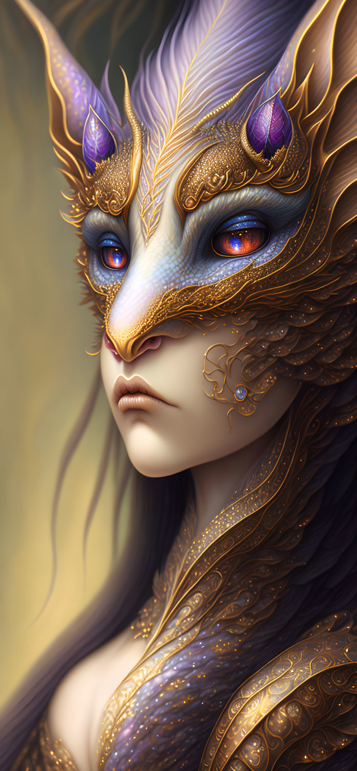 Fantasy illustration of individual with golden dragon-like features