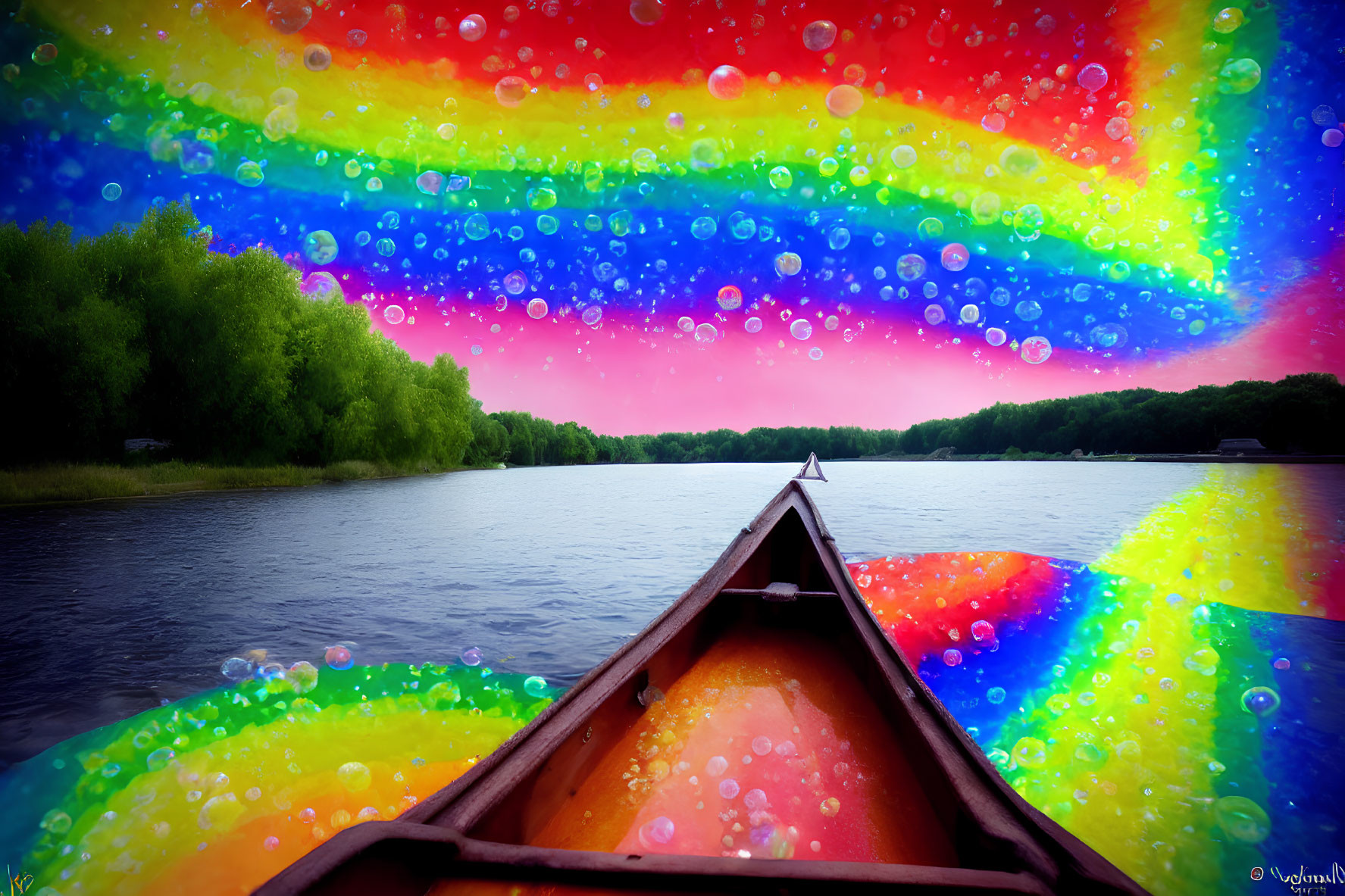 Colorful Canoe Bow in Vibrant Rainbow Sky over Calm River