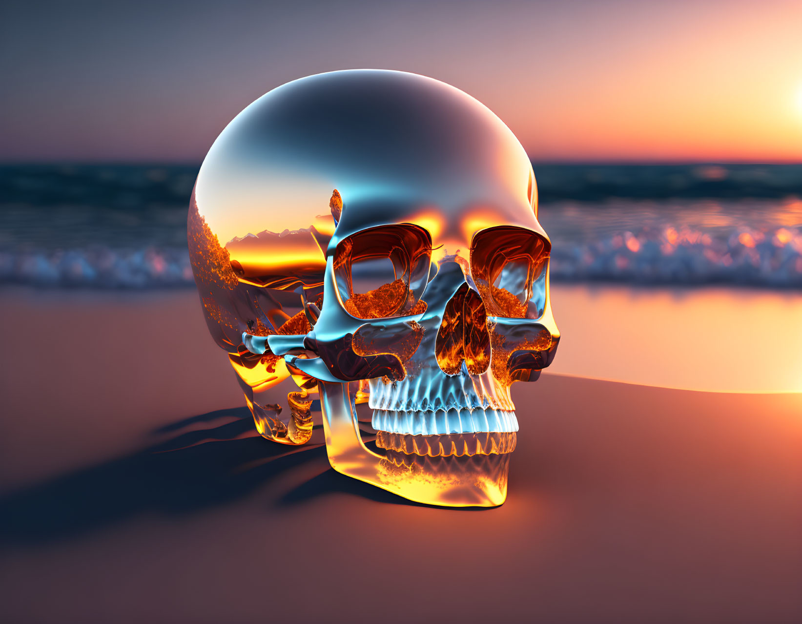 Reflective Glass Skull with Sunglasses on Beach at Sunset with Mirrored Waves and Sky