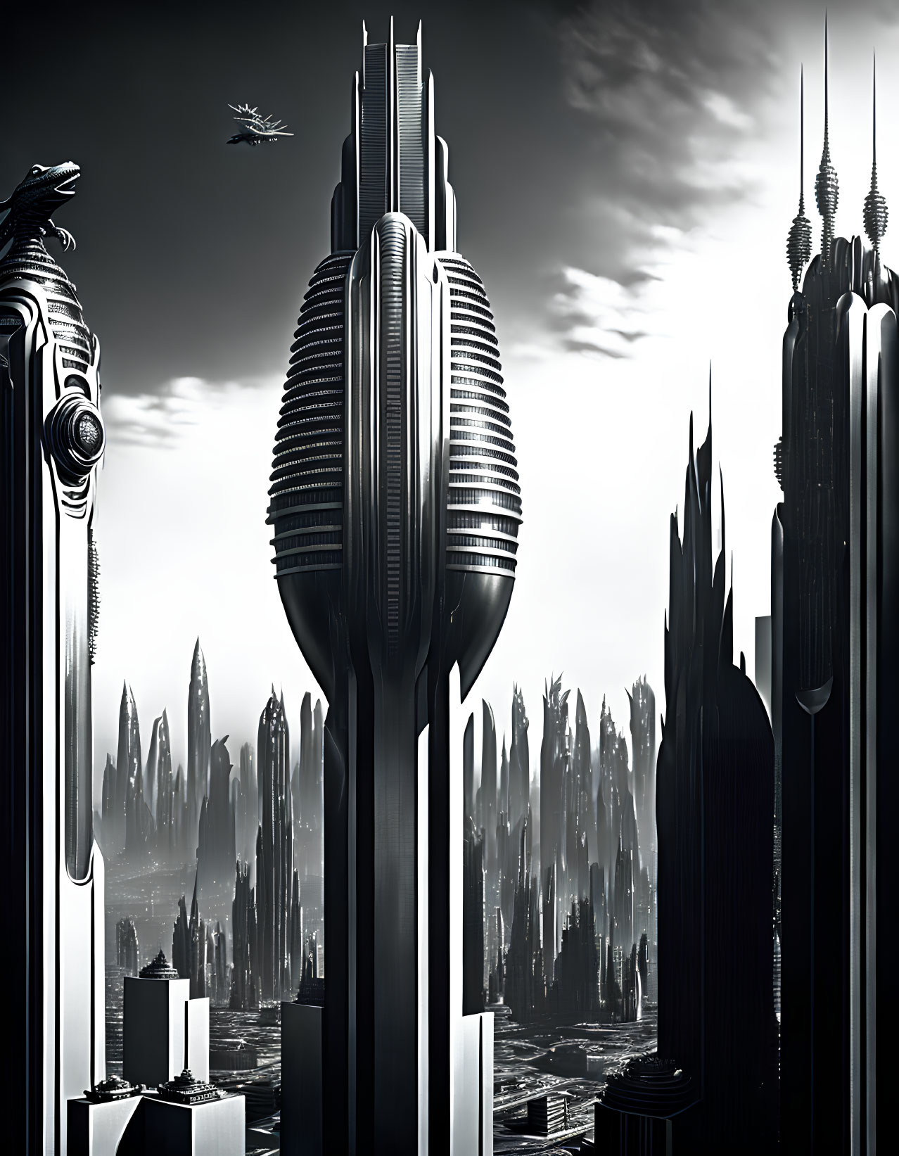 Futuristic cityscape with sleek skyscrapers and flying craft under monochrome sky