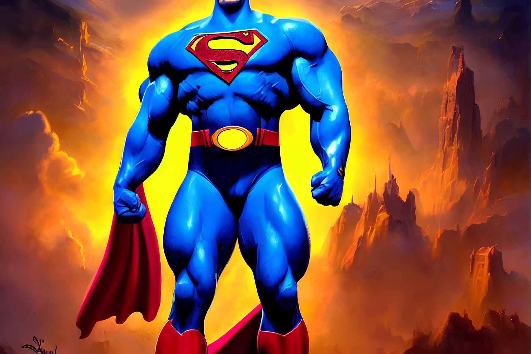 Superman illustration: Heroic pose in blue and red costume against fiery backdrop