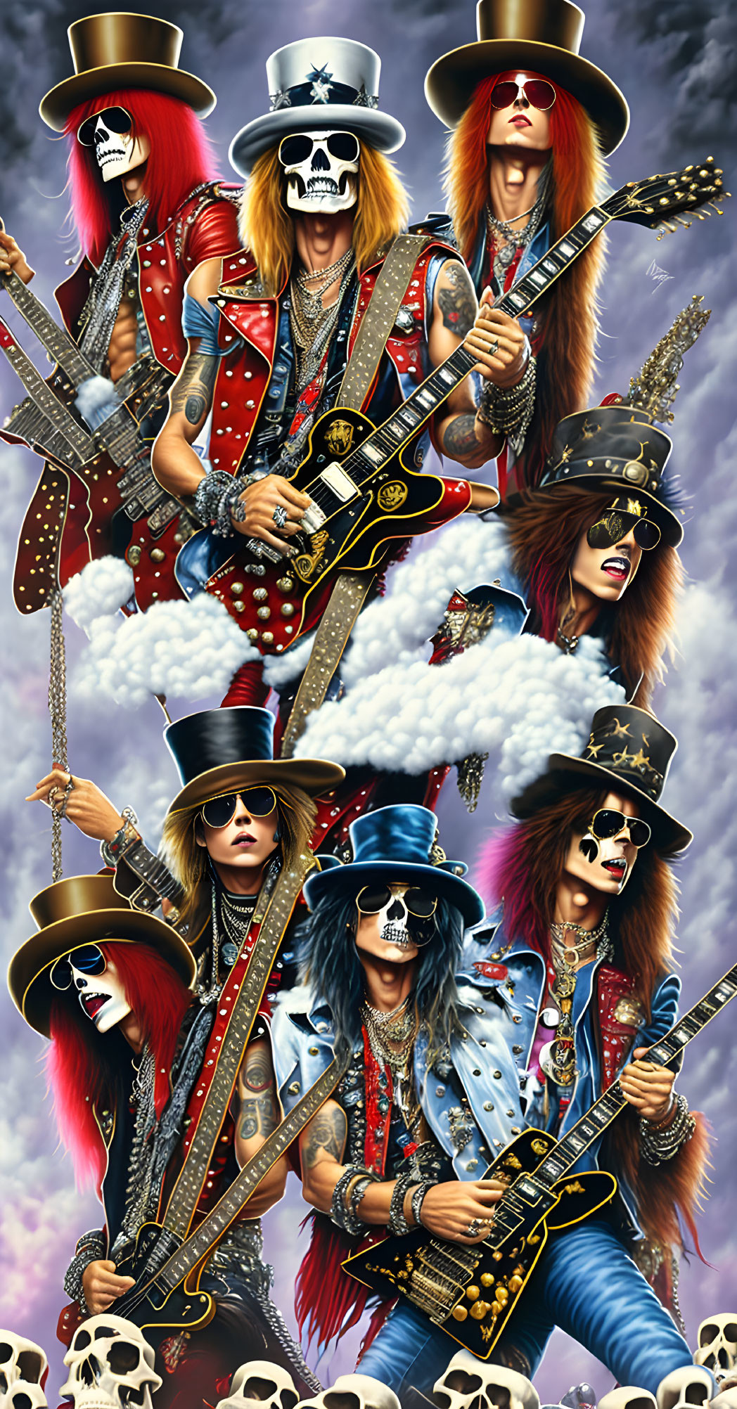 Stylized rock band illustration with five members in flamboyant costumes and makeup against skull-adorn