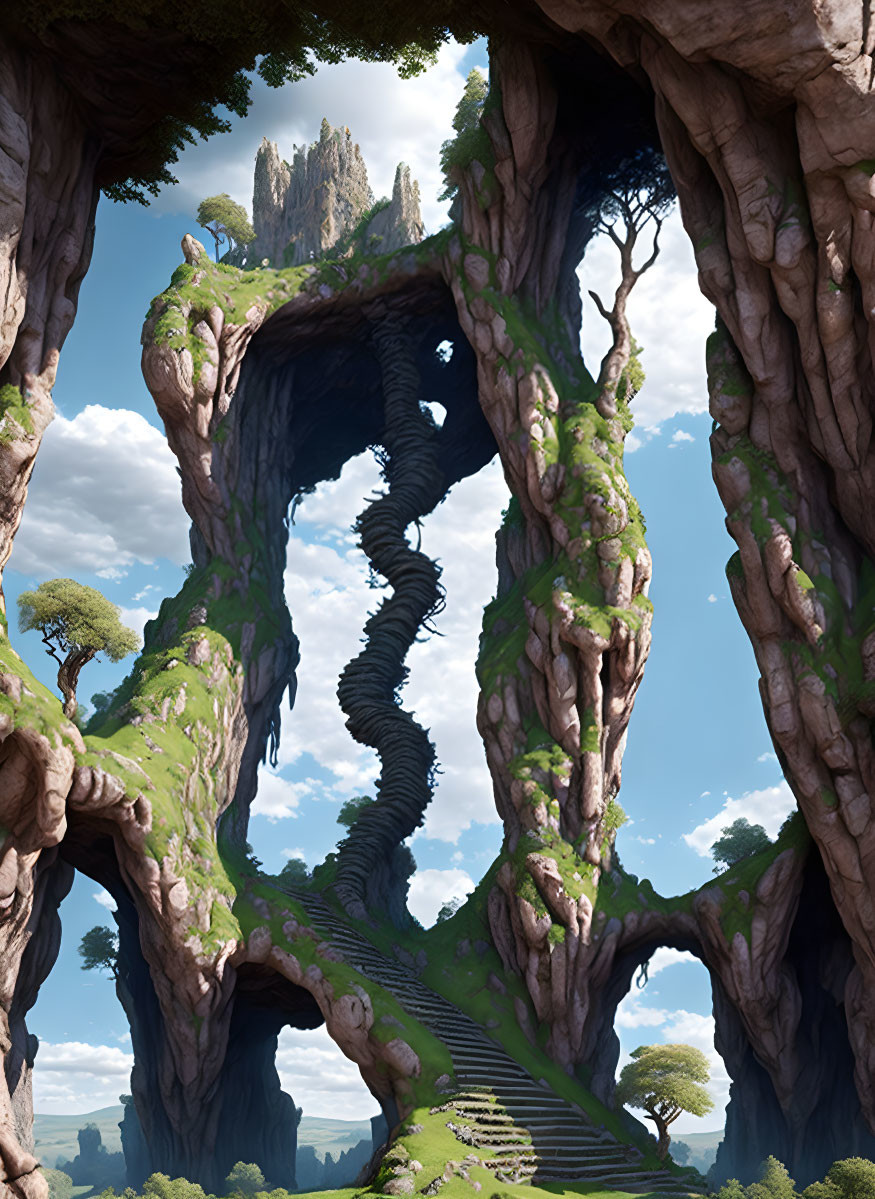 Fantastical landscape with spiral staircase around colossal tree in ancient forest