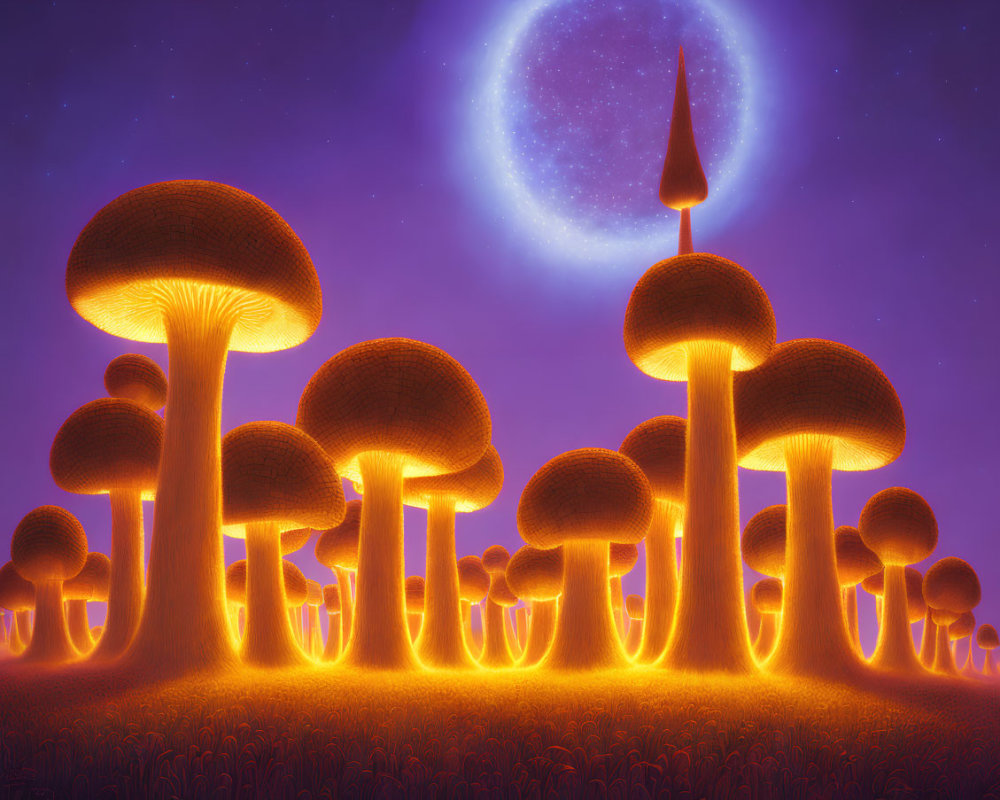 Starry sky with oversized glowing mushrooms under full moon