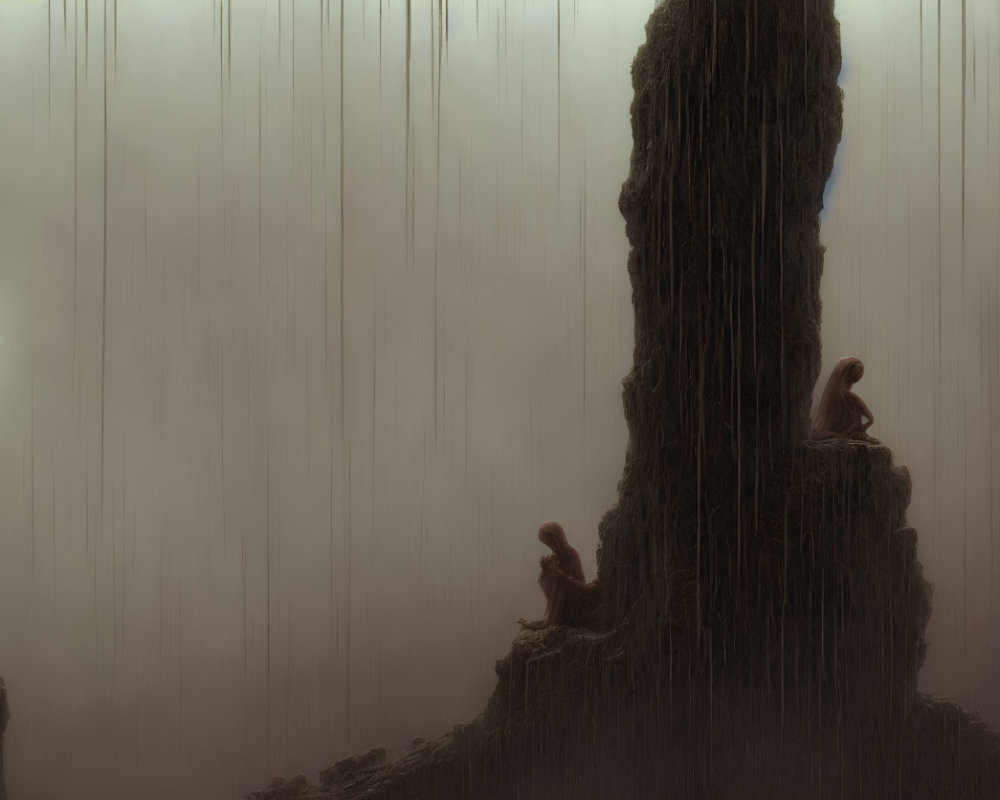 Misty figures on rugged cliff with stalactite-like formations