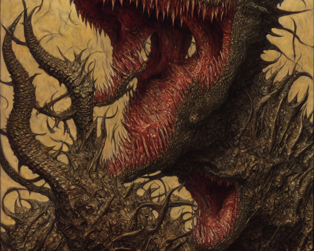 Detailed Illustration of Menacing Dragon with Sharp Teeth and Textured Horns