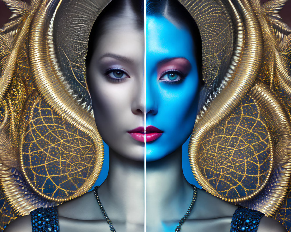 Symmetrical portrait of woman with split theme: natural vs. blue skin, both sides adorned with elaborate