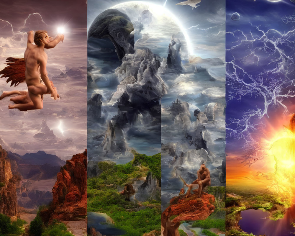 Fantasy Triptych Featuring Icarus, Surreal Landscapes, and Mythical Creatures