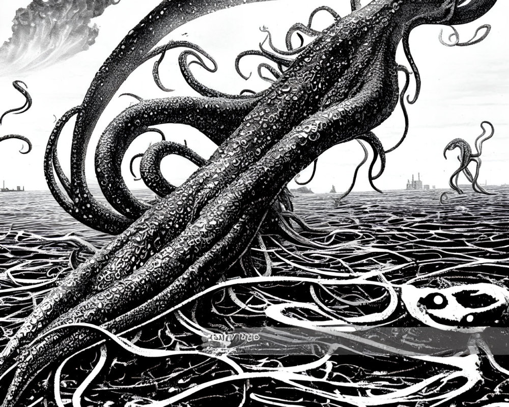 Monochrome illustration of giant octopus in industrial cityscape.