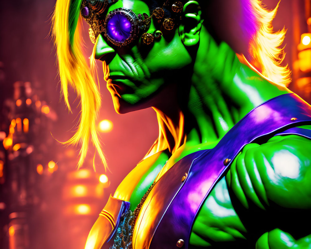 Cyberpunk character with neon green skin and goggles in industrial backdrop