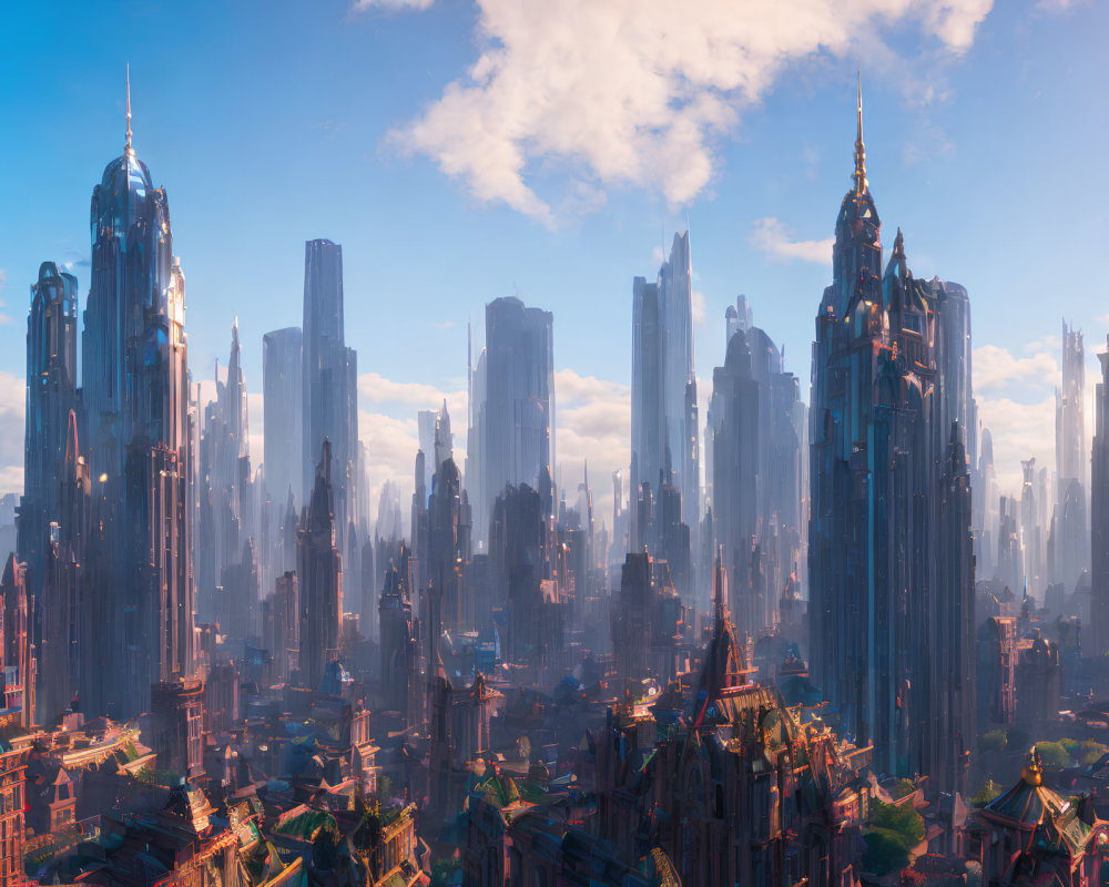 Futuristic cityscape with towering skyscrapers and neo-gothic architecture