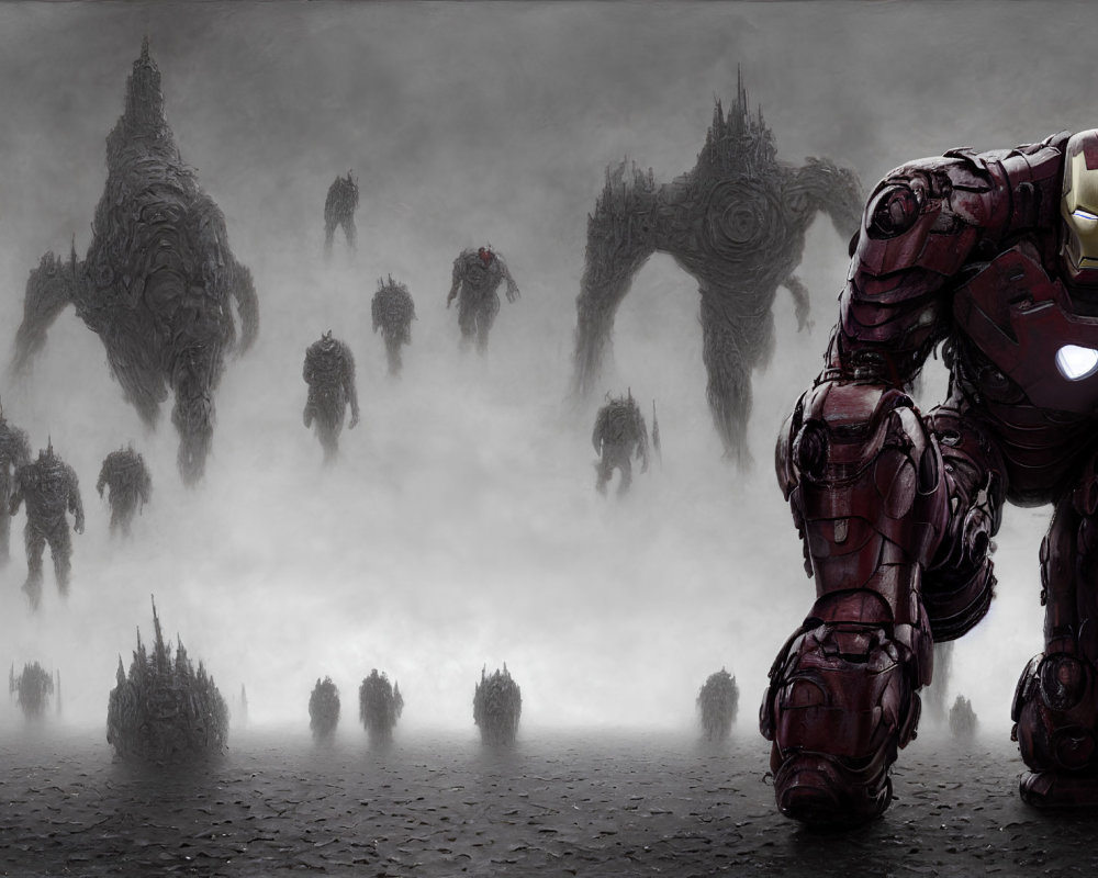 Iron Man suit with looming shadowy figures in misty background