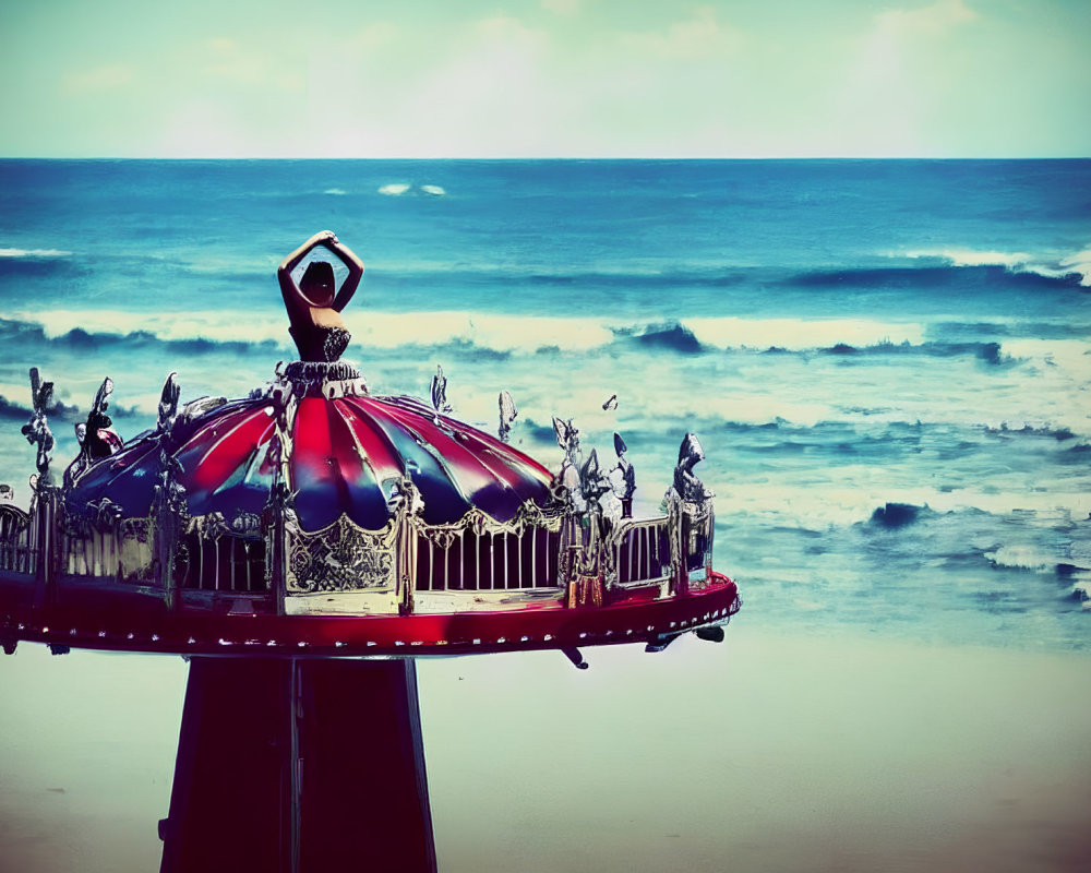 Vintage Carousel Music Box with Intricate Details on Blurred Seascape Background