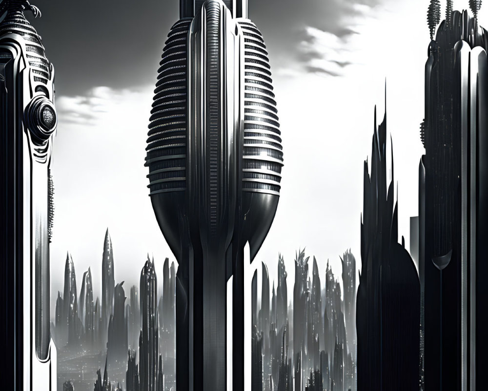 Futuristic cityscape with sleek skyscrapers and flying craft under monochrome sky