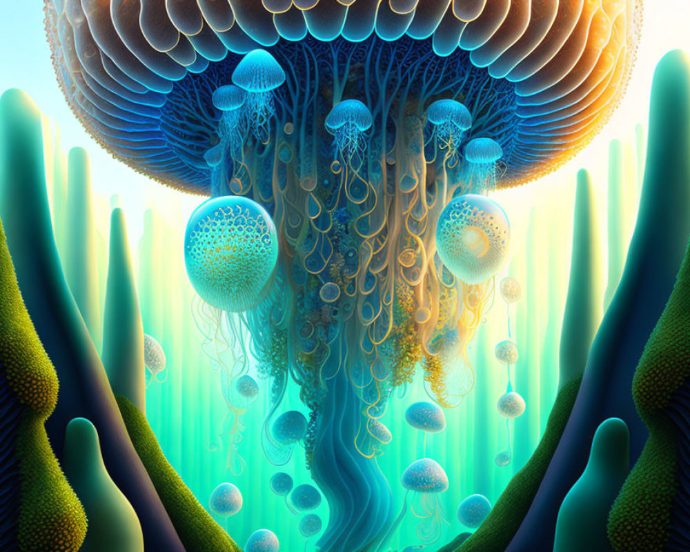 Colorful jellyfish and coral in ethereal underwater scene