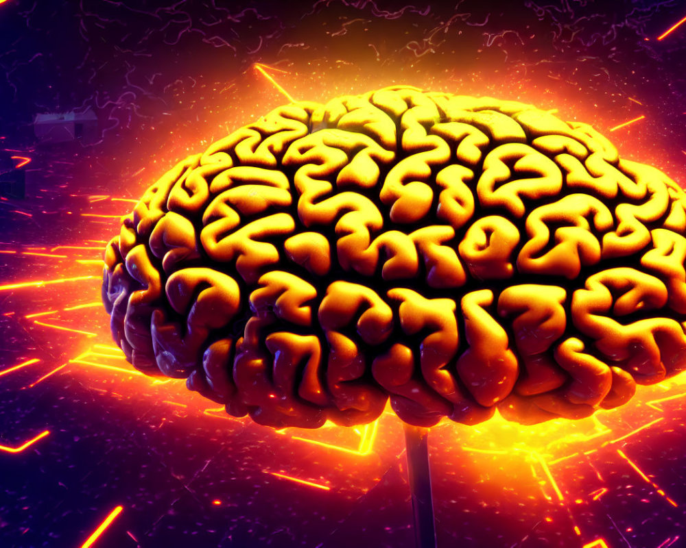 Vivid human brain illustration with glowing orange and yellow light