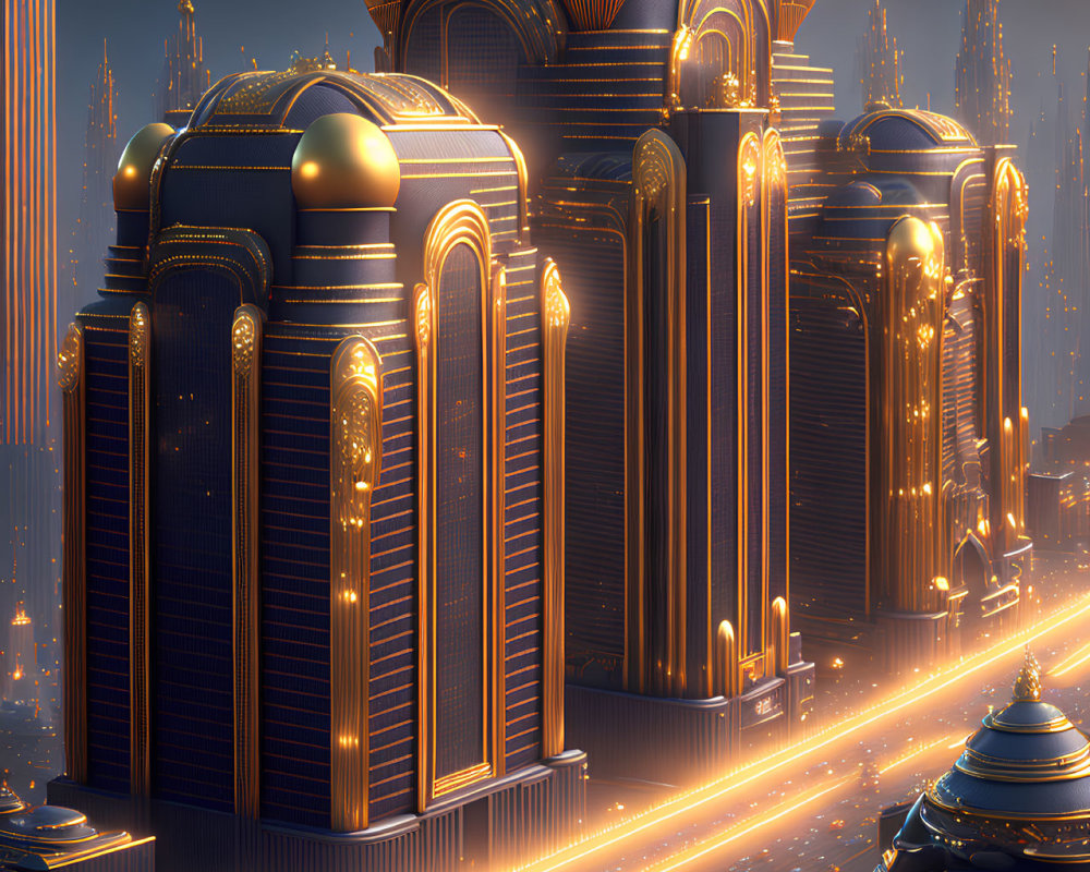 Ornate Glowing Buildings in Futuristic Night Cityscape