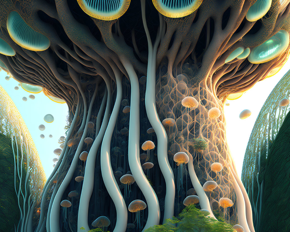 Vibrant surreal landscape with intricate tree and jellyfish-like elements