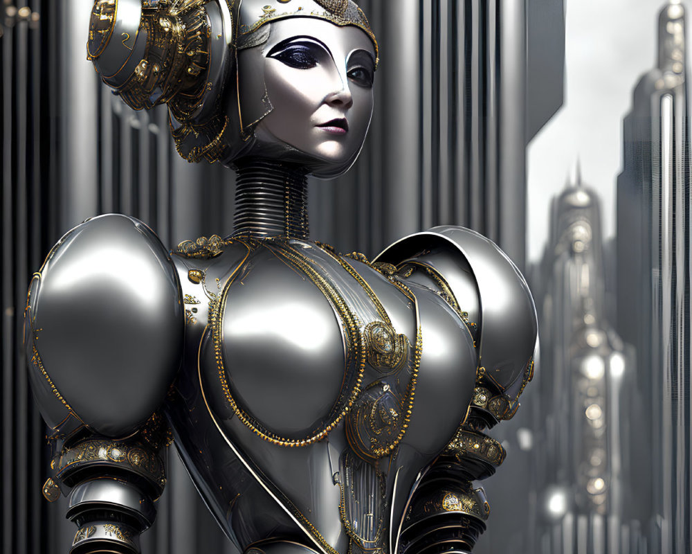 Futuristic female robot in ornate gold and silver design amid sleek cityscape