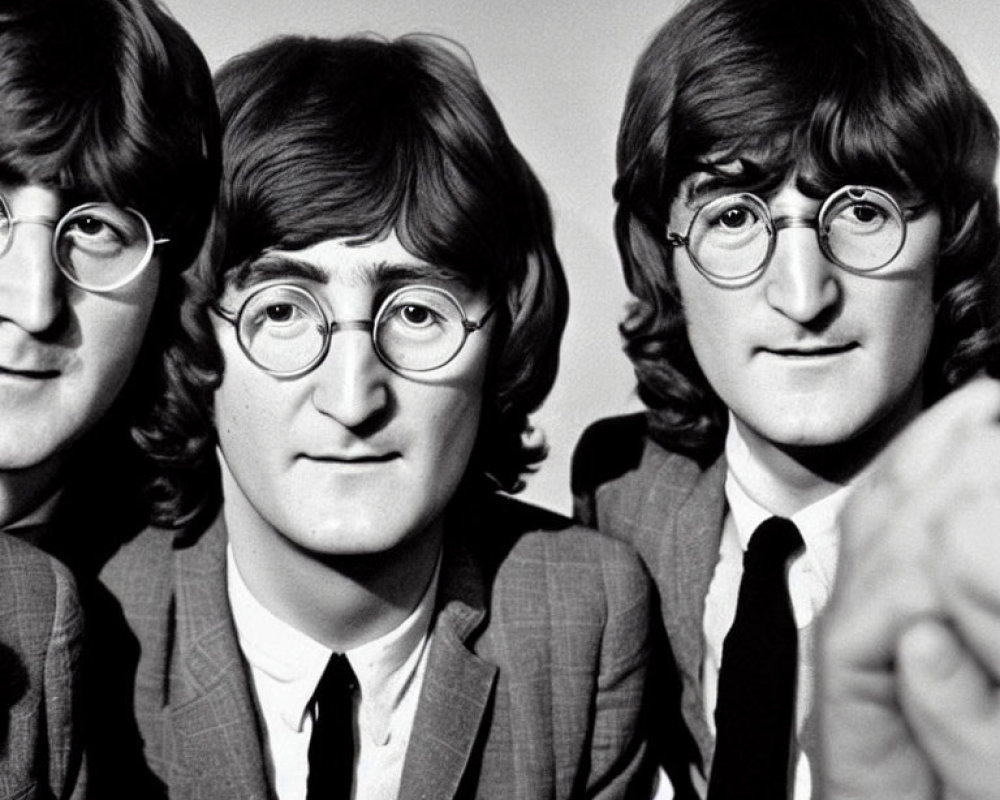 Monochrome picture: Three men in round glasses, mop-top haircuts, dark suits.