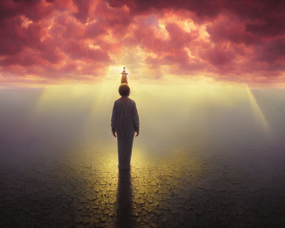 Person standing on cracked ground near glowing lighthouse at sunset