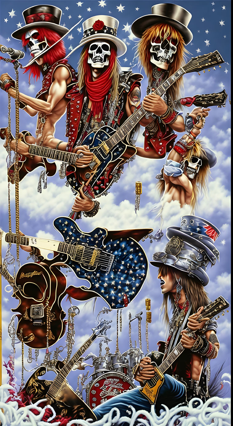 Skeletal rock musicians in leather and bandannas with guitars on starry background