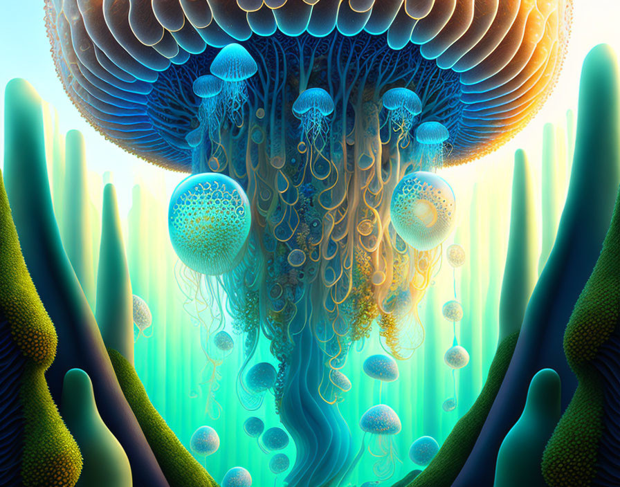 Colorful jellyfish and coral in ethereal underwater scene