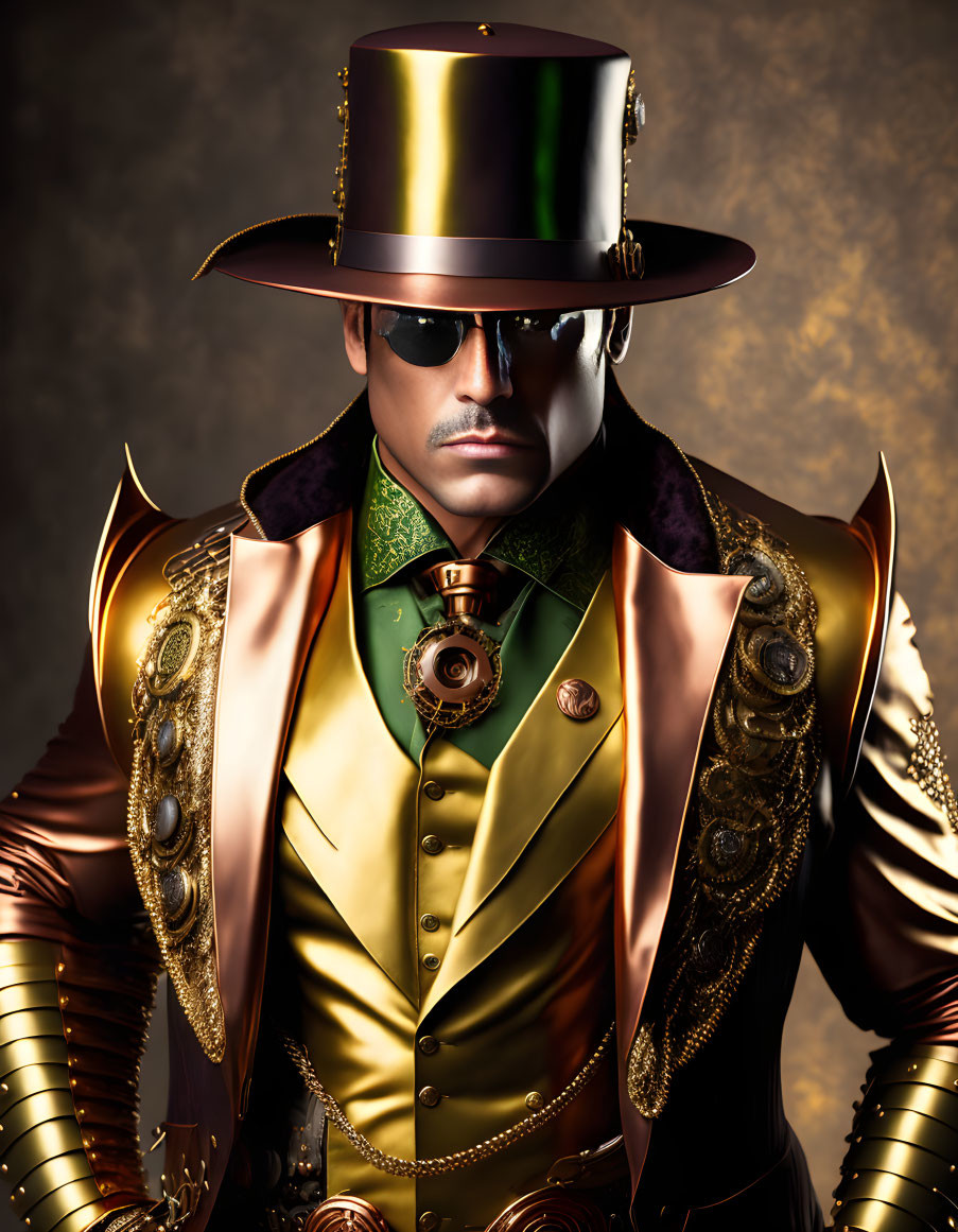 Elaborate Steampunk Costume with Top Hat and Goggles