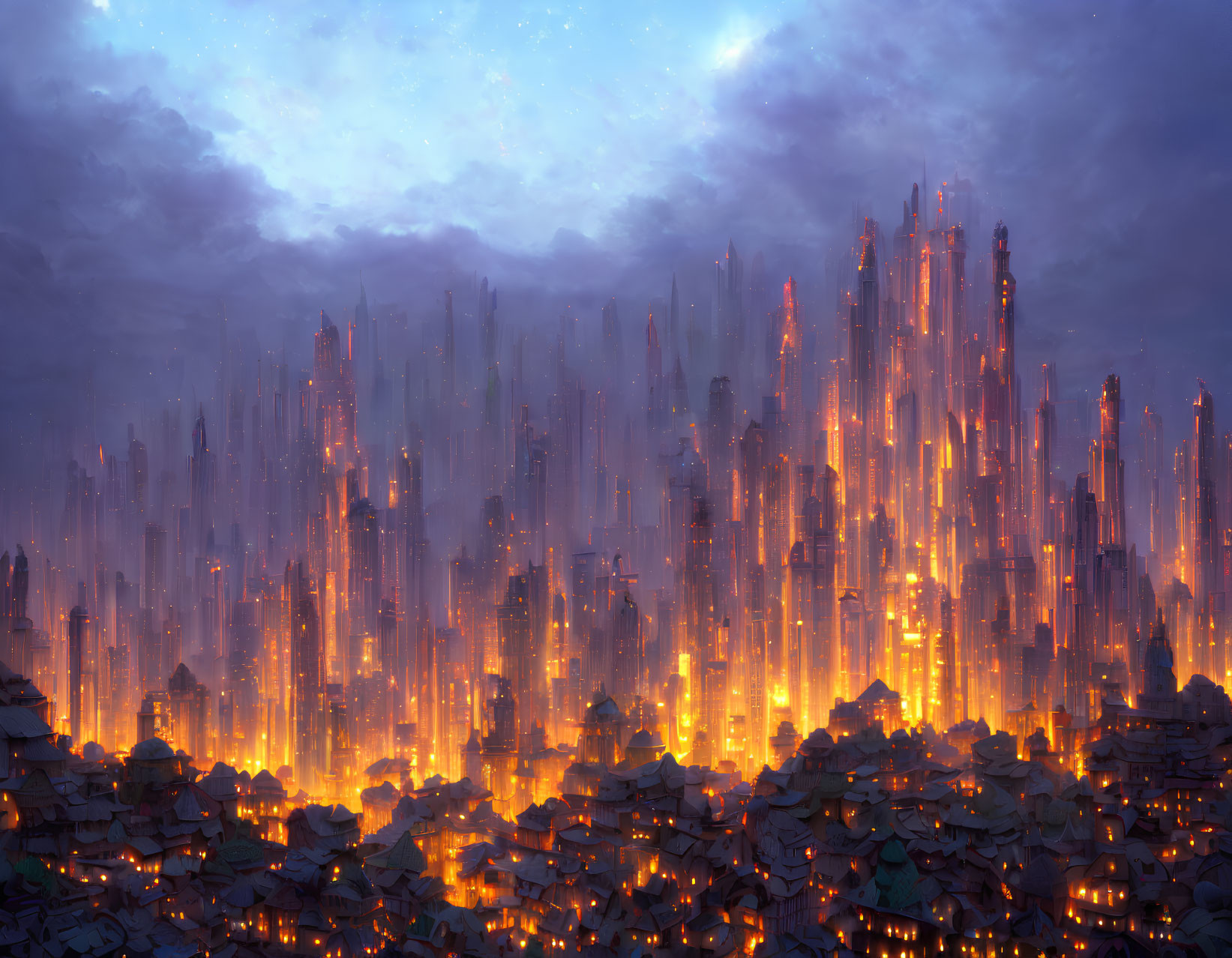 Fantastical cityscape with glowing crystalline towers and traditional houses at dusk