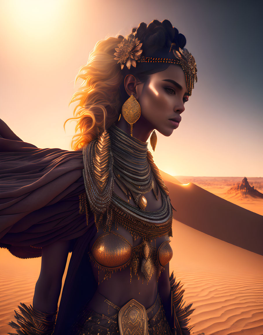 Digital Artwork: Woman in Gold Jewelry Against Desert Sunset