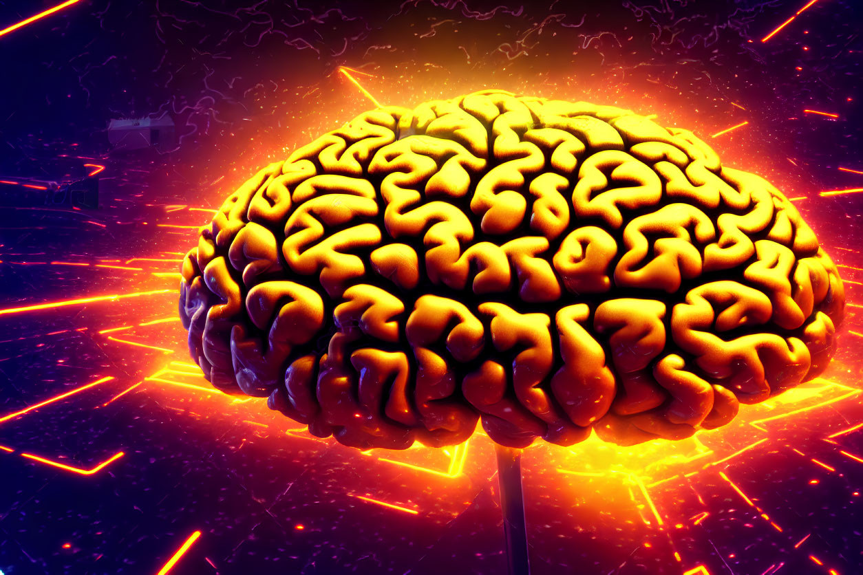 Vivid human brain illustration with glowing orange and yellow light