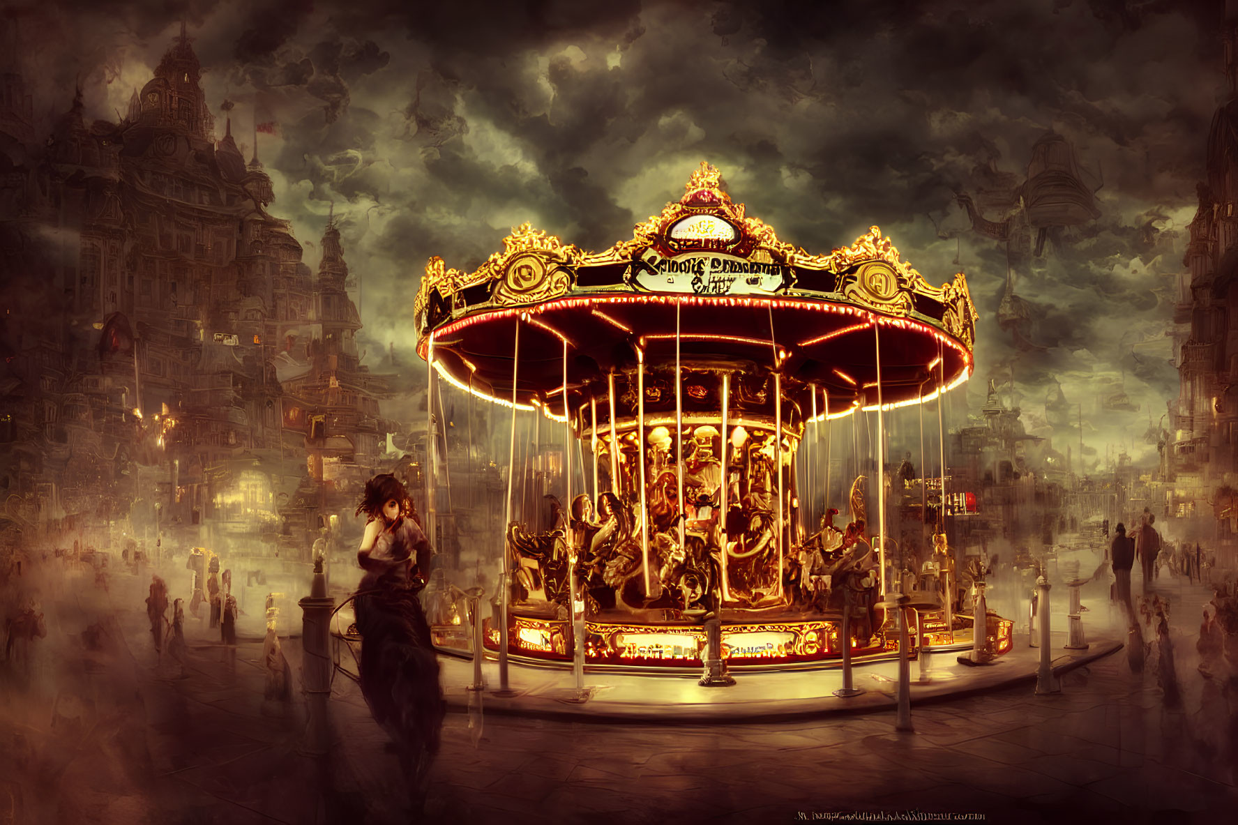 Glowing carousel in atmospheric scene with silhouetted figures