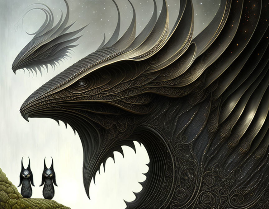 Detailed digital artwork of mythical dragon with layered scales and small figures.