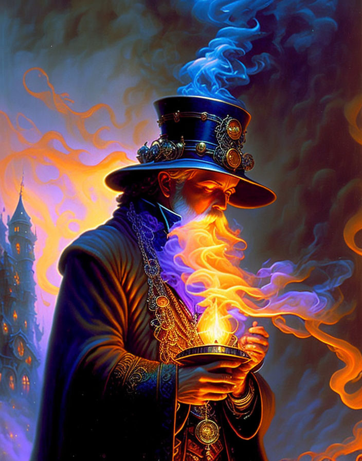 Steampunk man with top hat and flame device in front of mysterious tower