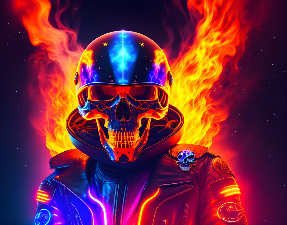 Skull-faced figure in space helmet and flames on cosmic backdrop