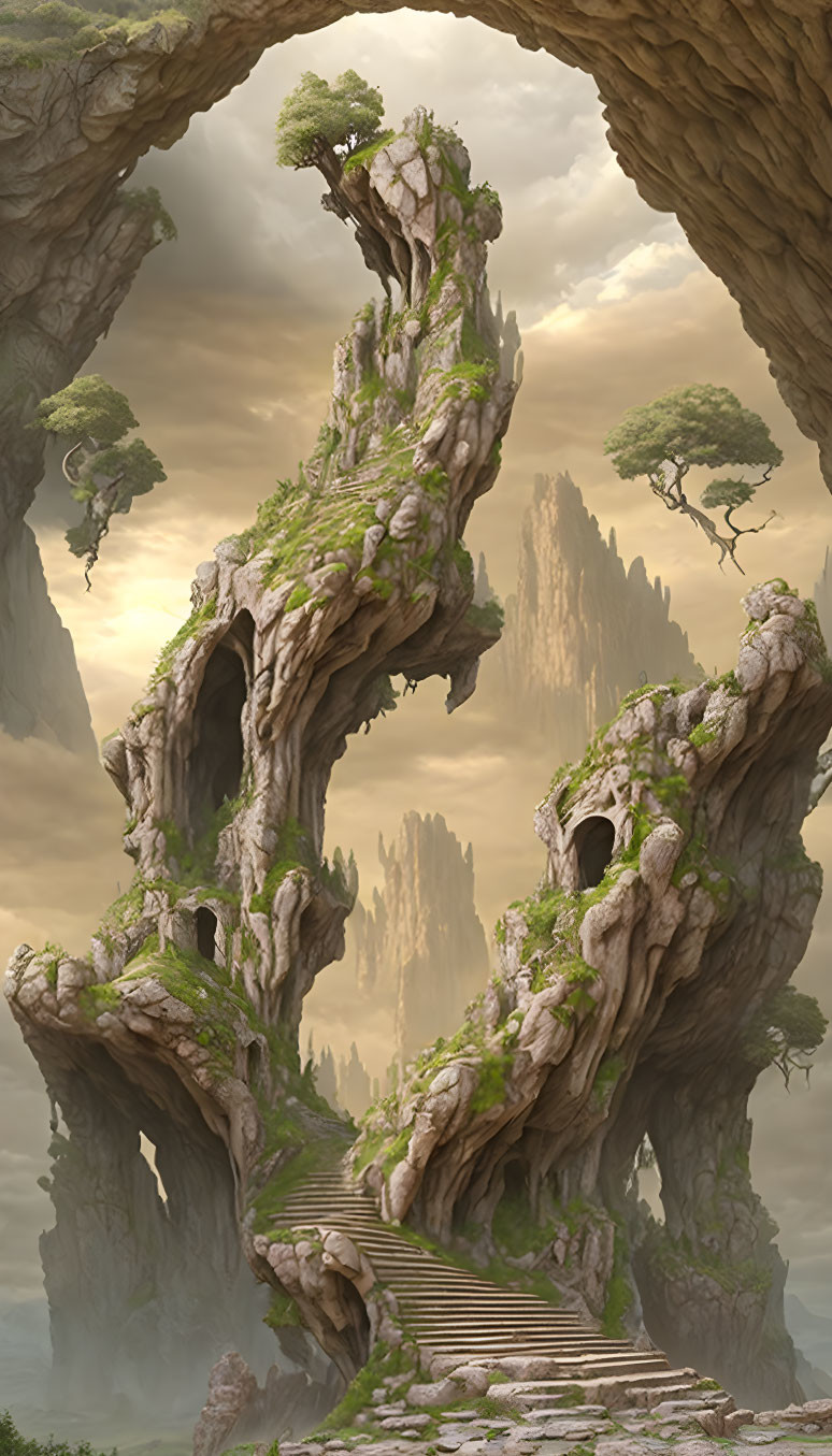 Majestic tree-like rock formation in misty mountain landscape