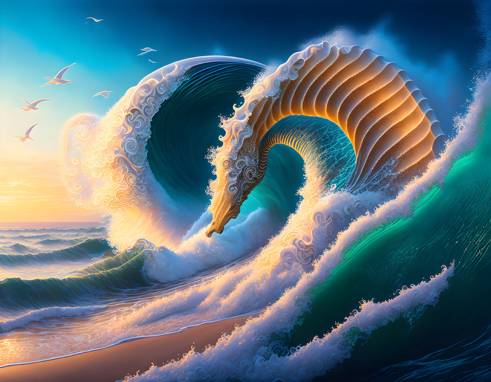 Stylized wave spiral with sunset background and flying seagulls