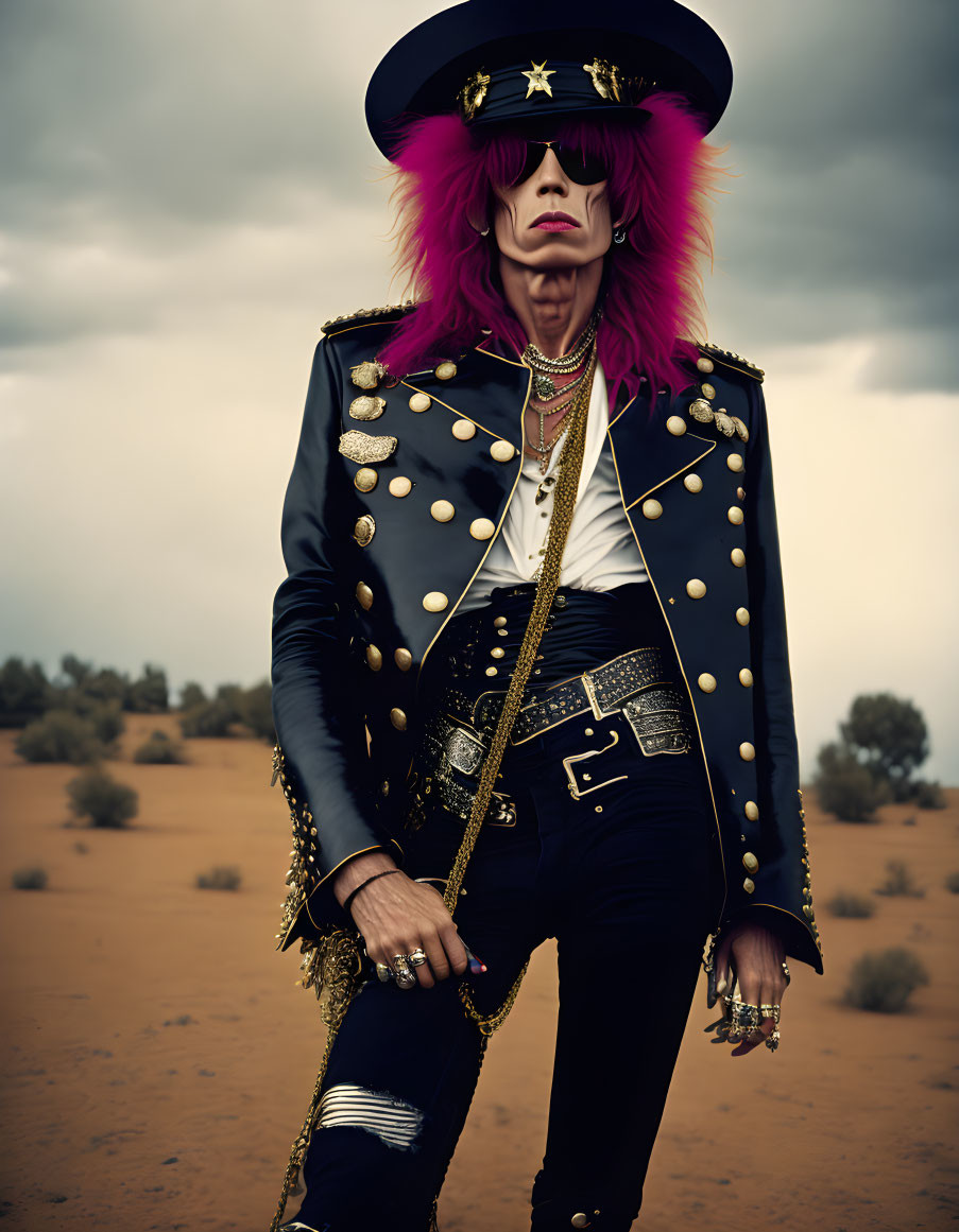 Flamboyant Military-Style Outfit with Gold Accents and Pink Hat in Desert Setting