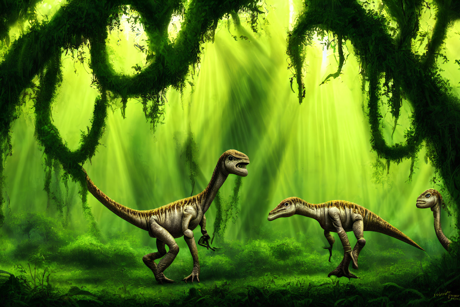 Three Velociraptors in Lush Prehistoric Jungle with Hanging Moss