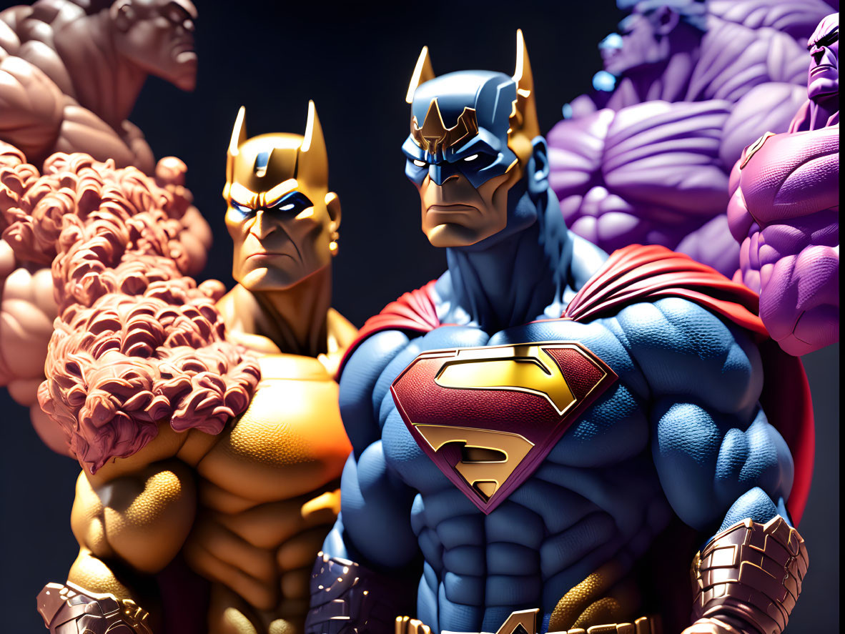 Muscular Superhero Figures in Various Costumes and Expressions