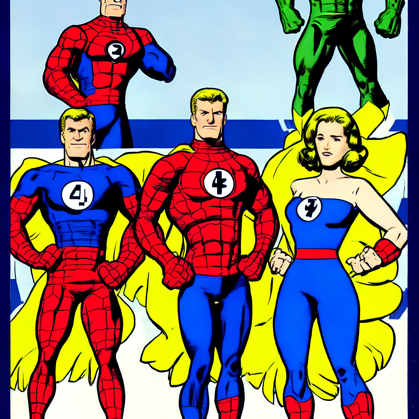 Colorful illustration of four comic book characters in tight suits with "4" logo