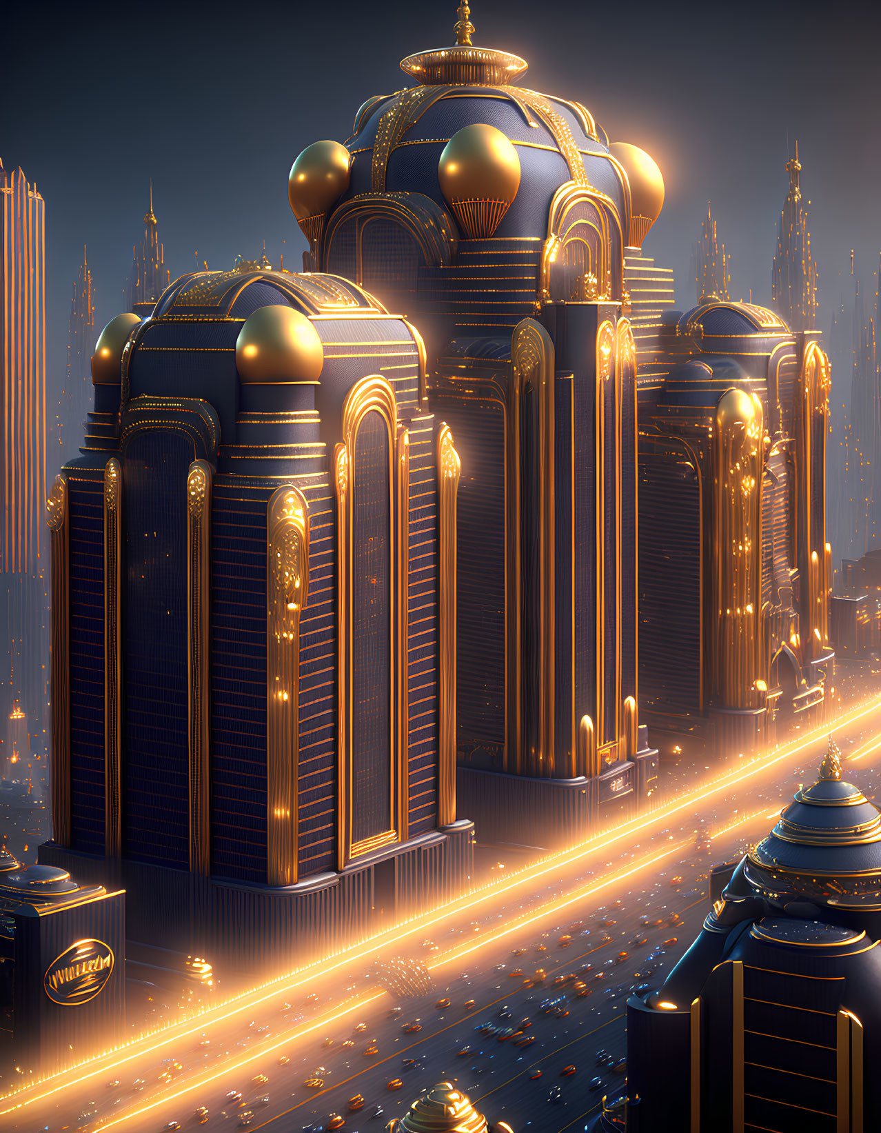 Ornate Glowing Buildings in Futuristic Night Cityscape