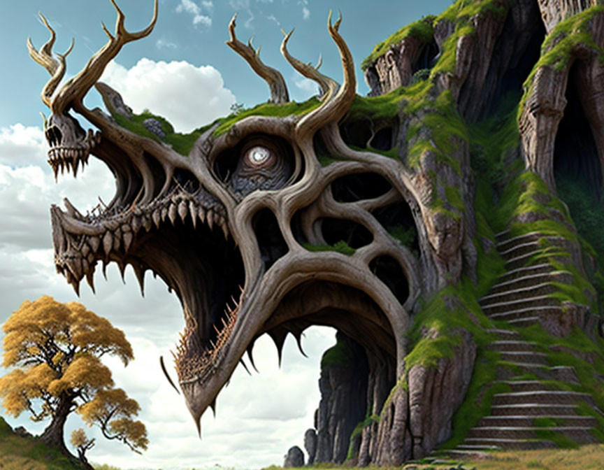 Fantasy landscape featuring hill with tree-like structure, horns, eye, and mouth next to staircase.