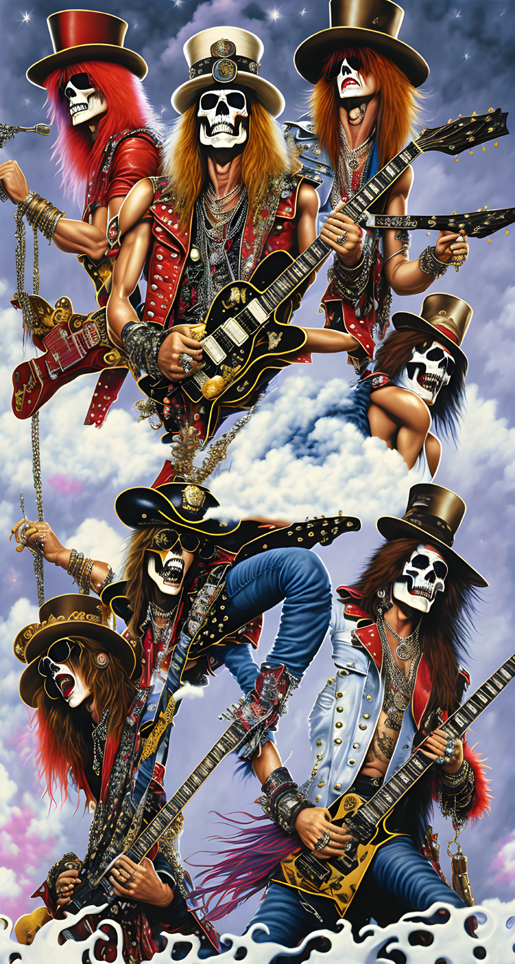 Vibrant illustration: Four skeleton rockers playing guitars against cloudy sky