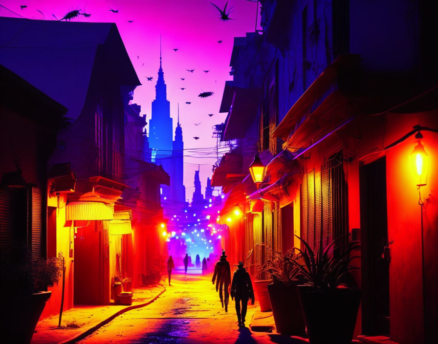 Twilight street scene with silhouettes, purple sky, and neon lights