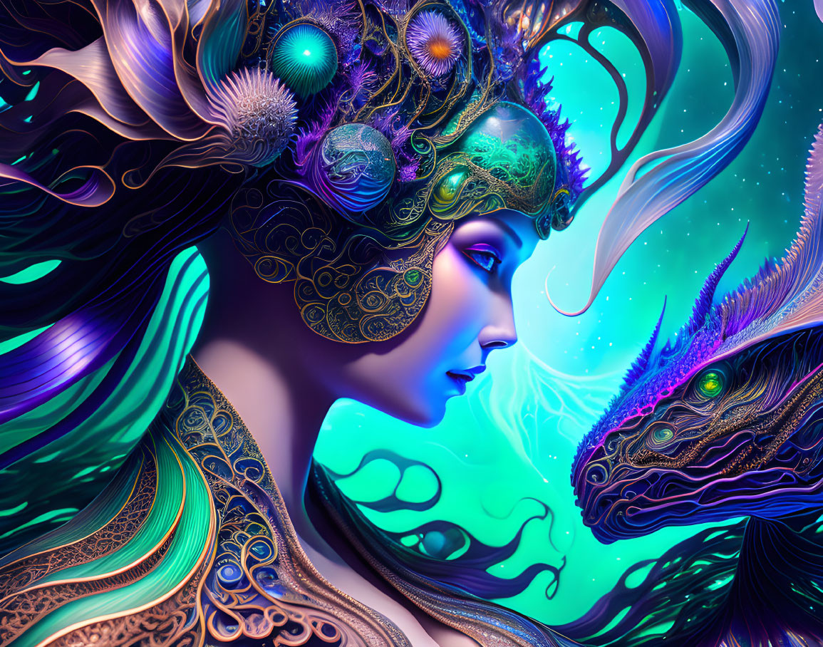 Colorful digital art: Woman in ornate headdress faces dragon with intricate patterns.