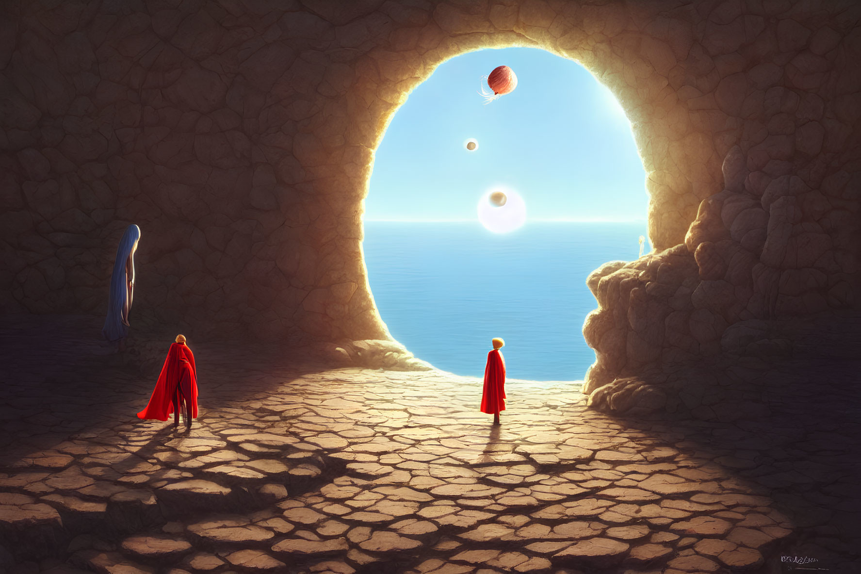 Two Figures in Red Cloaks in Cave with Sea Vista and Planets Aligned