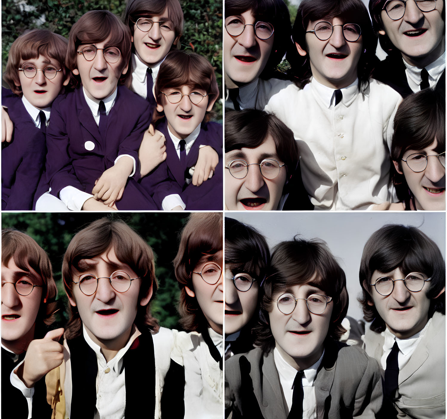 Four individuals in 1960s attire with round glasses showing cheerful expressions