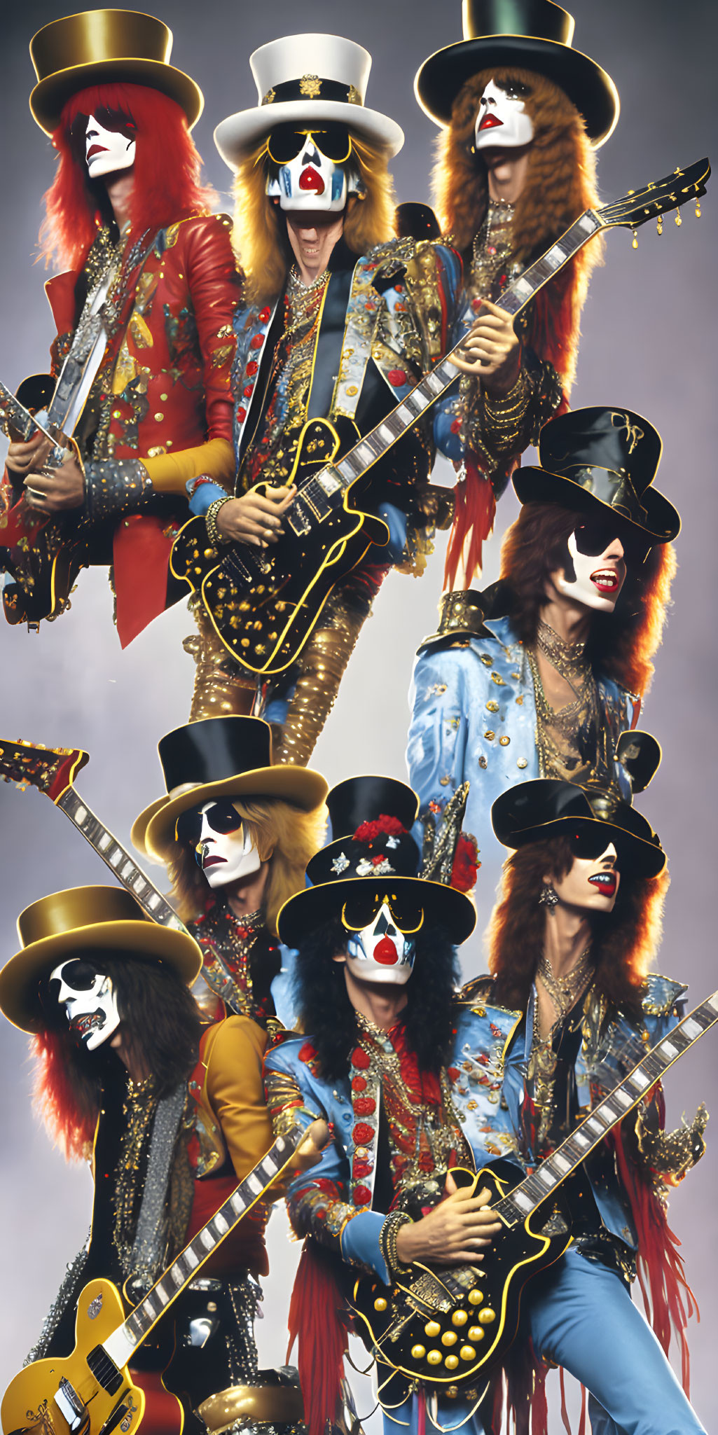 Musicians in flamboyant costumes and makeup with guitars, hats, and black and white face paint