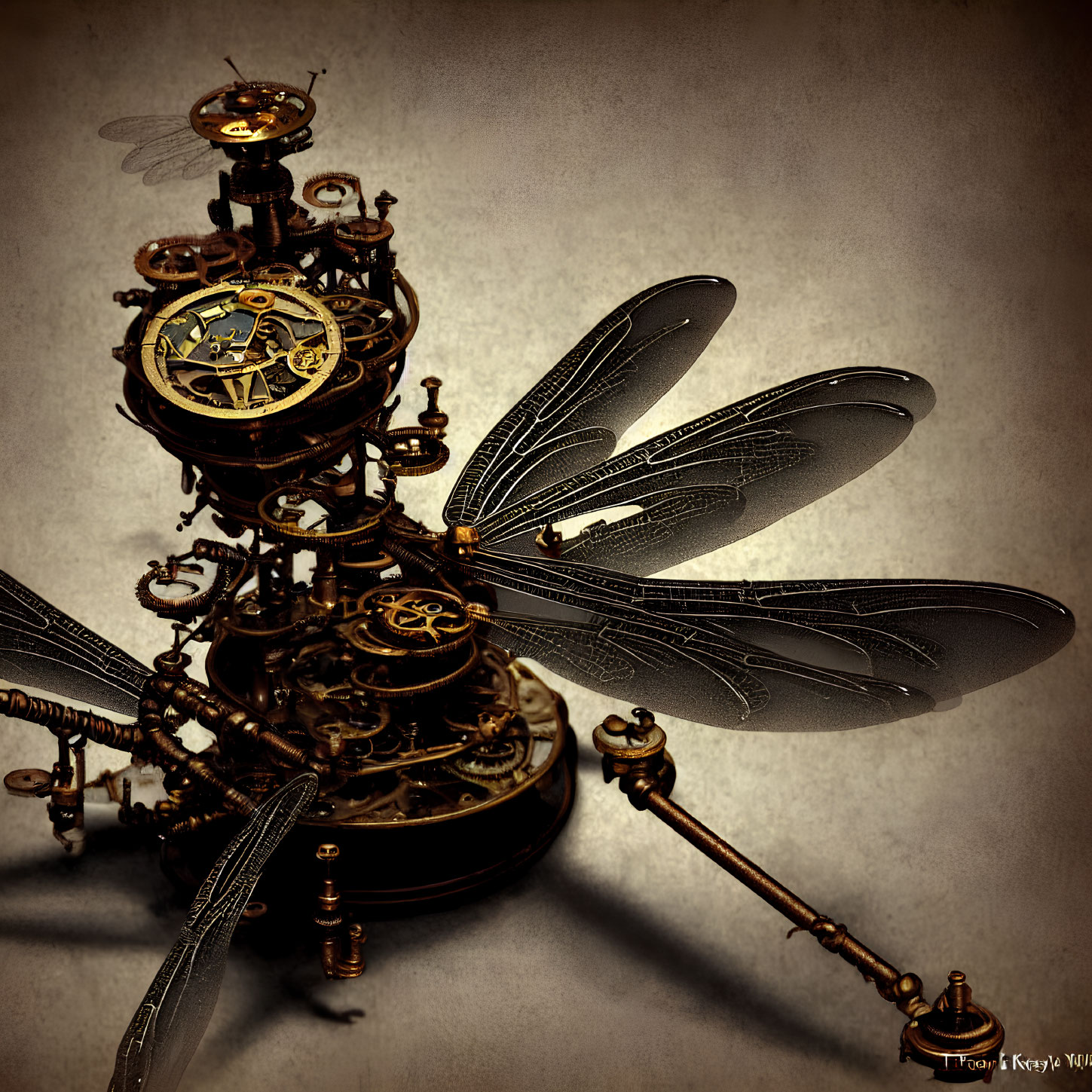 Intricate steampunk mechanical dragonfly sculpture with metallic textures